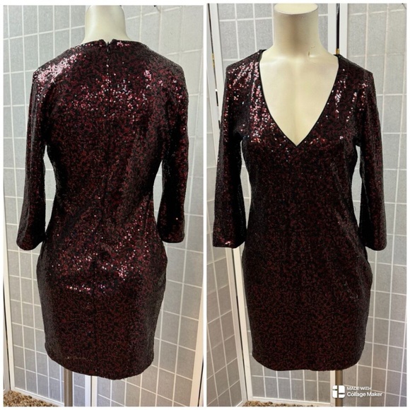 Express,Woman,Party Dress,Size S,Black red sequin,Zip,Long Sleeve,V Neck,Short.! - Picture 2 of 11